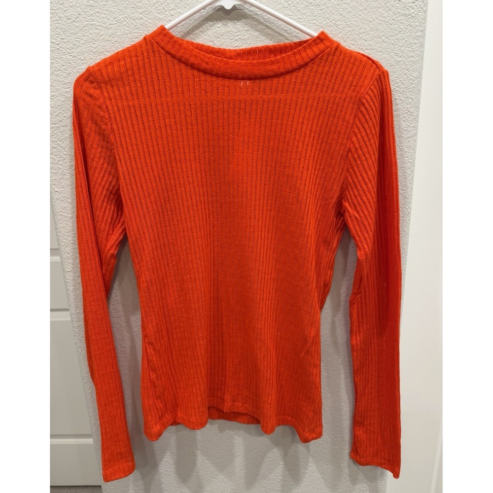 NWT Pilcro Anthropolgie Textured Ribbed Knit Top Red Orange L/S Crew Neck Small
